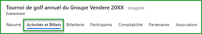 Onglet Activités et Billets