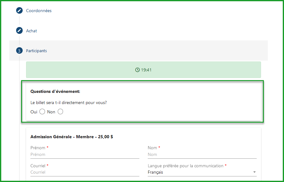 Question de l&#39;événement sur la billetterie en ligne