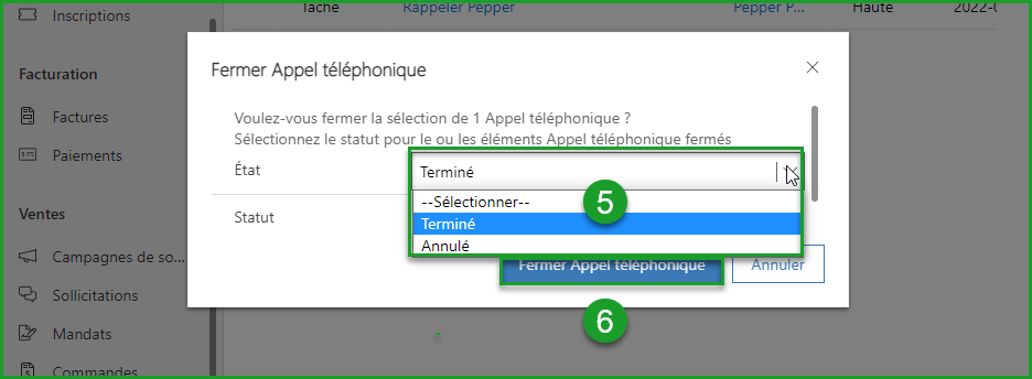 Fermer un appel