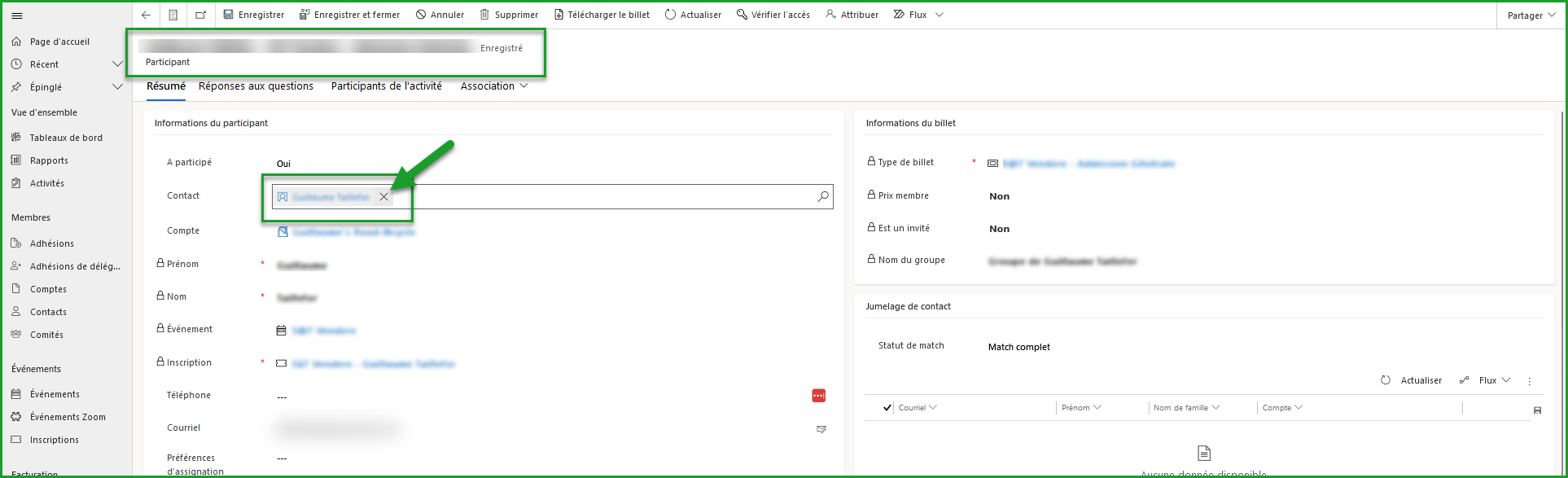 Supprimer un contact de la fiche d&#39;un participant